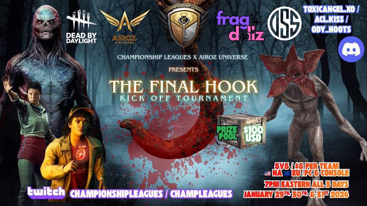 🩸🏆 CHAMPIONSHIP LEAGUES x AIROZ UNIVERSE x DSS x FRAGDOLLZ 🩸  

🩸 THE FINAL HOOK – KICKOFF 🪝  
🎮 Dead by Daylight | 5v5  
💰 $100 Prize Pool | $5/team  
🌍 NA &amp; EU | PC &amp; Console  
⏰ 7PM EST | Jan 29–31, 2026  

🔗 Sign up now: forms.gle/nxpMezXD6fZTzc…