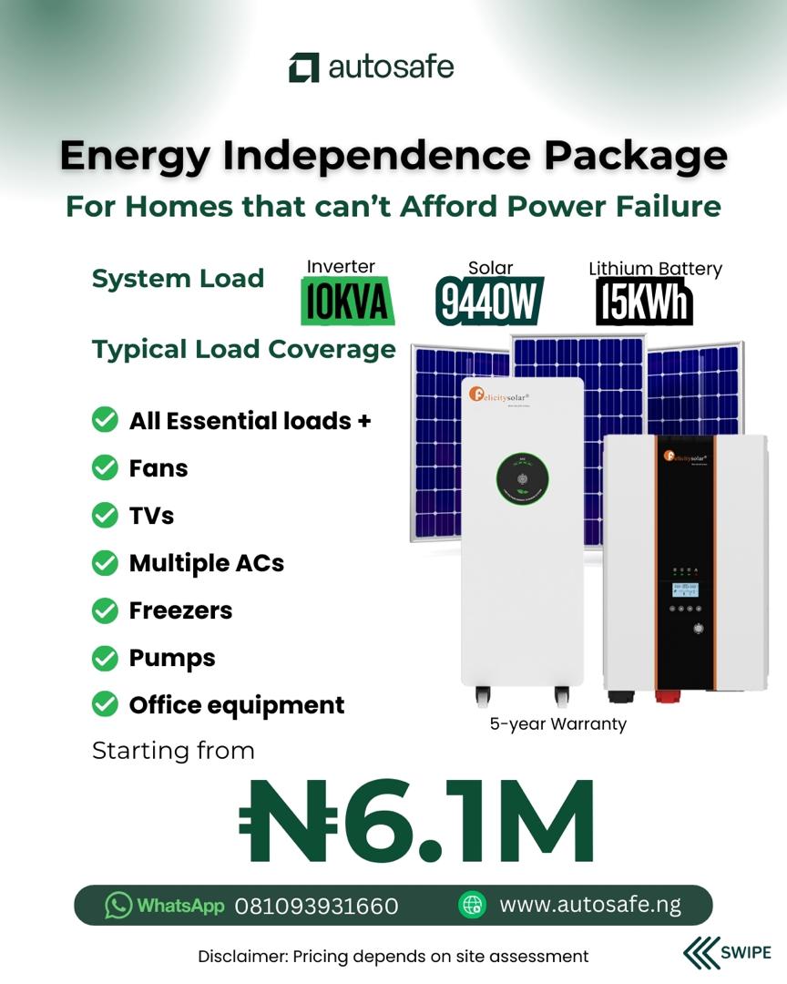 autosafe_ng's tweet photo. Introducing Autosafe's Solar packages 📦 

Autosafe’s Solar Packages are designed around real energy needs, not guesswork. From light to heavy system loads, each package clearly shows what it powers, how long it lasts, and what it costs, so you can invest in a solution engineered for your specific needs. With transparent pricing, professional installation, and expert guidance, switching to solar has never been clearer or smarter.

👉 Swipe through to explore the different load capacities, coverage levels, and pricing options.

Disclaimer: Final and most accurate pricing is subject to detailed site inspection and energy assessment.

Thread 🧵
#Solar #RenewableEnergy #Installation #Autosafe