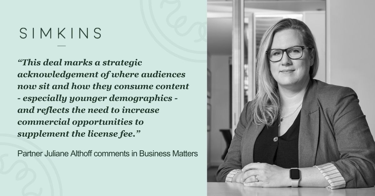 SimkinsLLP's tweet image. Partner Juliane Althoff comments on the news that the BBC and YouTube are in talks over a landmark deal for the broadcaster to produce content for the video platform, in Business Matters.

Read more: simkins.com/news/bbc-and-y…
