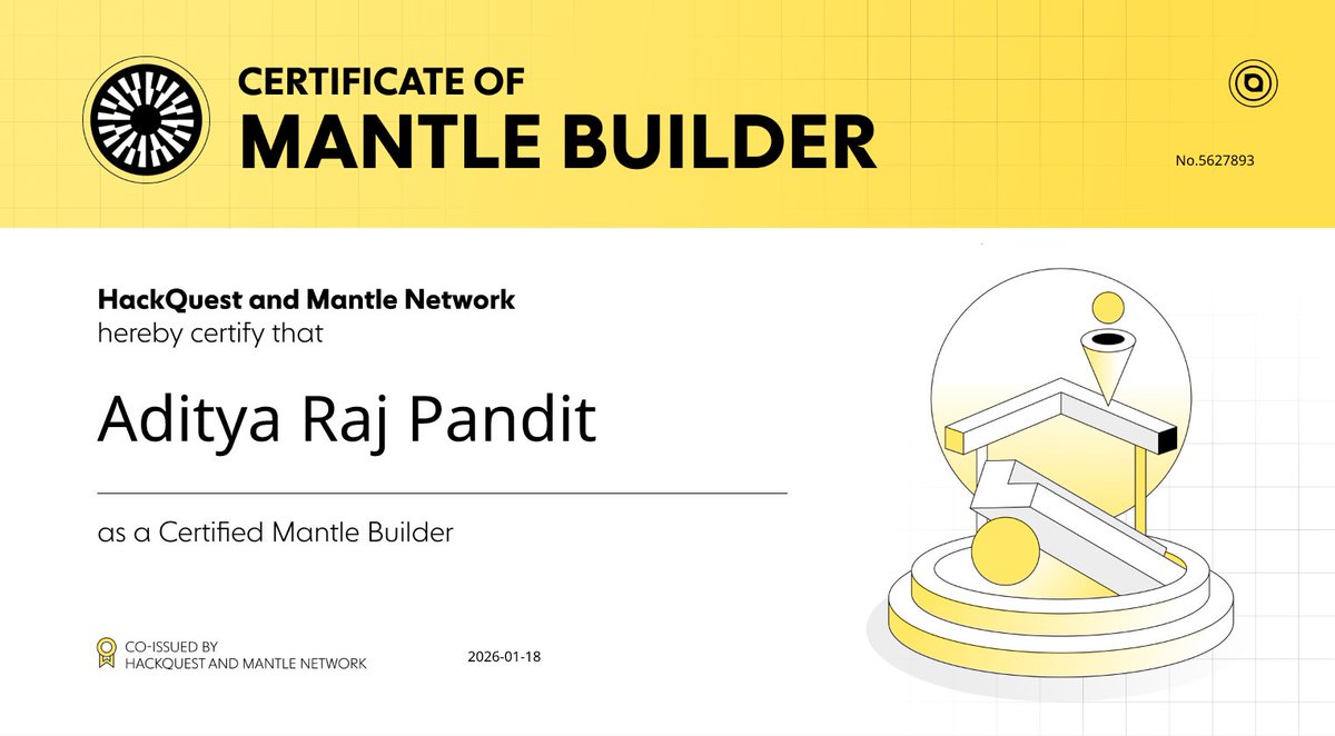 0xAdigen's tweet photo. @HackQuestIN @ItachiOnChain 6/
By the end of the camp, I earned the Mantle Learner and Mantle Builder certificates.
More importantly, I gained clarity on how to learn Web3, confidence as a builder, and the feeling of being part of a real community. https://t.co/0japYPQA7k