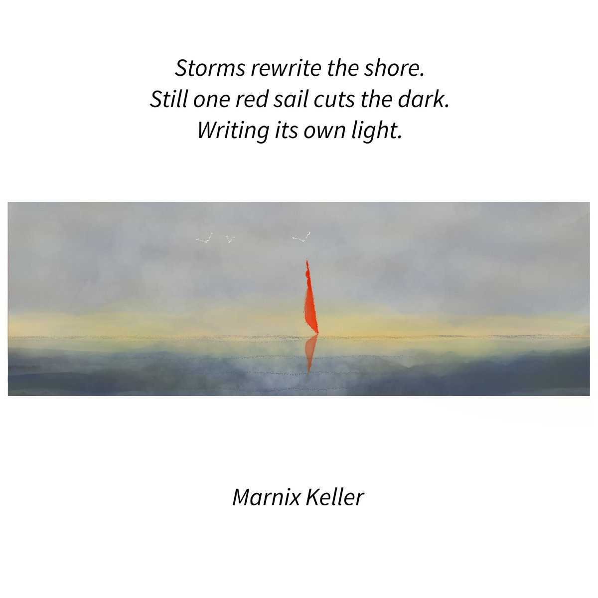 Storms rewrite the shore.
Still one red sail cuts the dark.
Writing its own light.

But the red sail refuses to bend to the dark and stands against the night.

A #haiku #haiga &amp; my p5js landscape art #poem #poems #poemoftheday #WritingCommunity #poetry #poetrycommunity