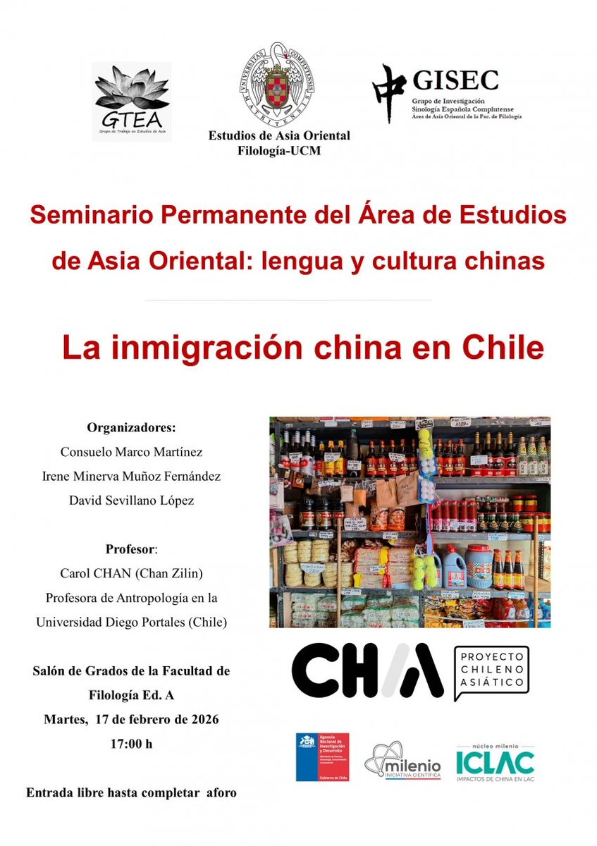 Conferencia y breve documental: La inmigración china en Chile (17/02/2026)
Más información en ucm.es/estudiosasiaor…