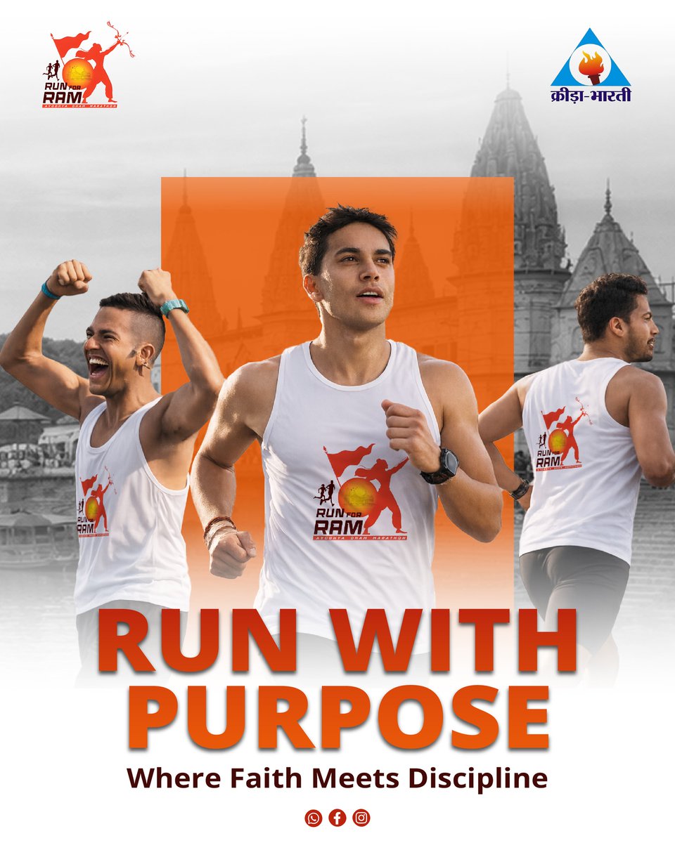 RunForRam's tweet photo. Ek Lakshya. Ek Daud. 

Jab Faith aur Discipline milte hain, tab banta hai itihaas. Ayodhya Dham Marathon mein shamil hokar, 'Run With Purpose' ka hissa baniye.

Register Now: https://t.co/4LwZolu9Yj

#RunWithPurpose #FaithMeetsDiscipline #RunForRam #AyodhyaDham https://t.co/O90ViWdOtM