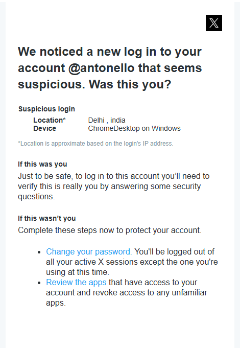 Acompañadme en este viaje de pishing "muy bien hecho" y en el que he estado a punto de caer.

Me avisan de que alguien en India se ha logueado con mi cuenta.

Tienen la información clave para intentar engañarme (sale mi nombre de usuario, llega a mi correo asociado) y me asustan.
