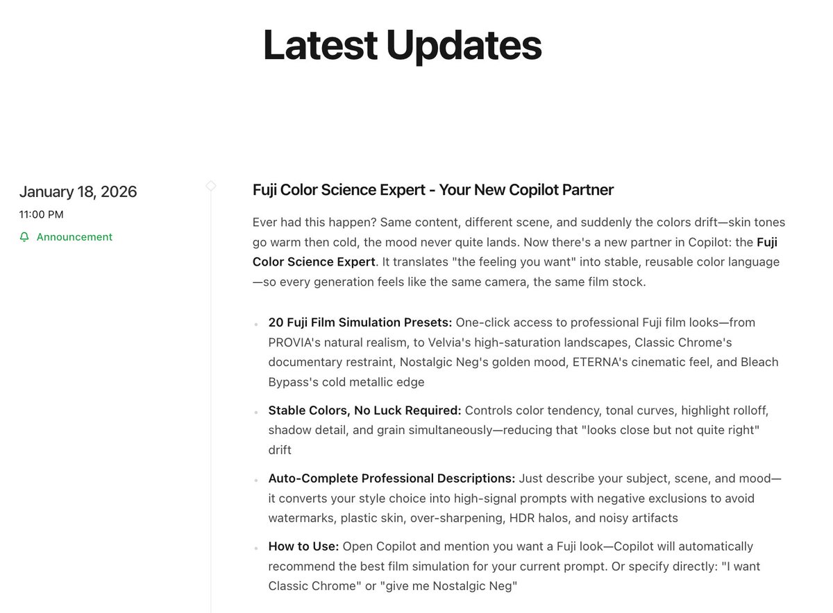 📢站长又上新功能——「Copilot+Fuji Color Science Expert」  我最近在画图的时候感觉同样的内容，换个场景，颜色就开始飘肤色一会儿偏暖一会儿偏冷，情绪总是差一点点，这样就很有人机味，所以在Copilot里加了一个新的功能——  🔥「Fuji Color Science Expert」🔥 做的事情很 ...