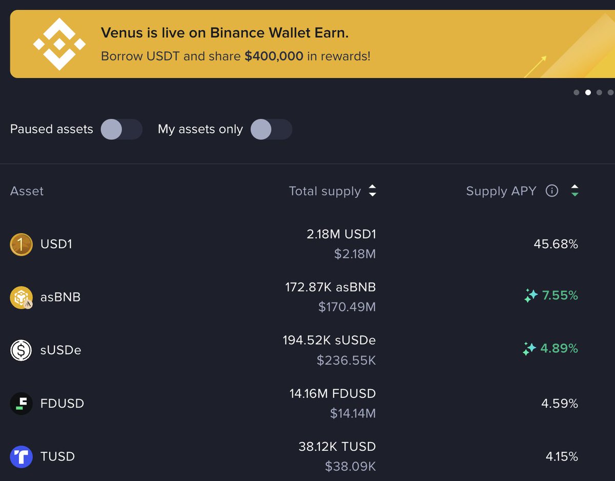 ความรู้เรื่อง DEFI  (decentralize finance)  จะทำให้เราได้ดอกเบี้ย เป็น 10x ของธนาคารไทย

🧧 ตอนนี้ crypto USD1 บน <a href="/VenusProtocol/">Venus Protocol</a> มีดอกเบี้ย 45% ต่อปี
(เพราะมีกิจกรรมพิเศษ)

USD1 ก็คือ stablecoin เหรียญมูลค่า $1 เสมอ
ที่ออกโดยธุรกิจของตระกูล trump นั่นเอง