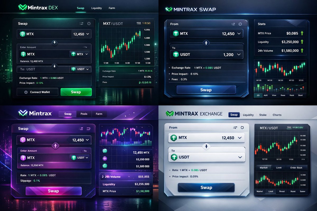🚀 Mintrax DEX Update 🚀
We are actively working on our Mintrax DEX to enable MTX → USDT swaps, so MTX holders can secure better profits 💰
We have shortlisted a few DEX UI designs — now we want YOUR opinion 👀
💬 Comment and tell us which UI looks best, because we prioritize