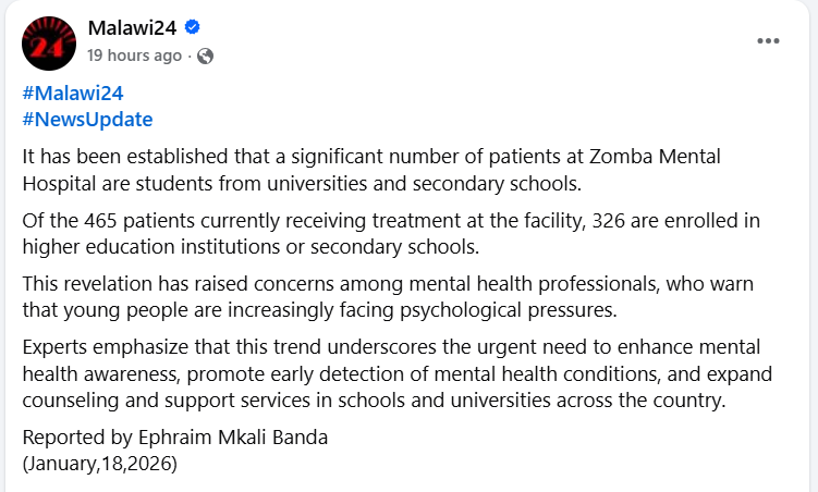 MHLeCProject's tweet photo. These figures are a wake-up call, not a reason for stigma. Students in Malawi are facing growing mental health pressures, and this shows needs stronger mental health literacy, early support, and school-based services!

#mhlec #MentalHealthLiteracy #StudentMentalHealth #Malawi https://t.co/HlDvxvFGy7