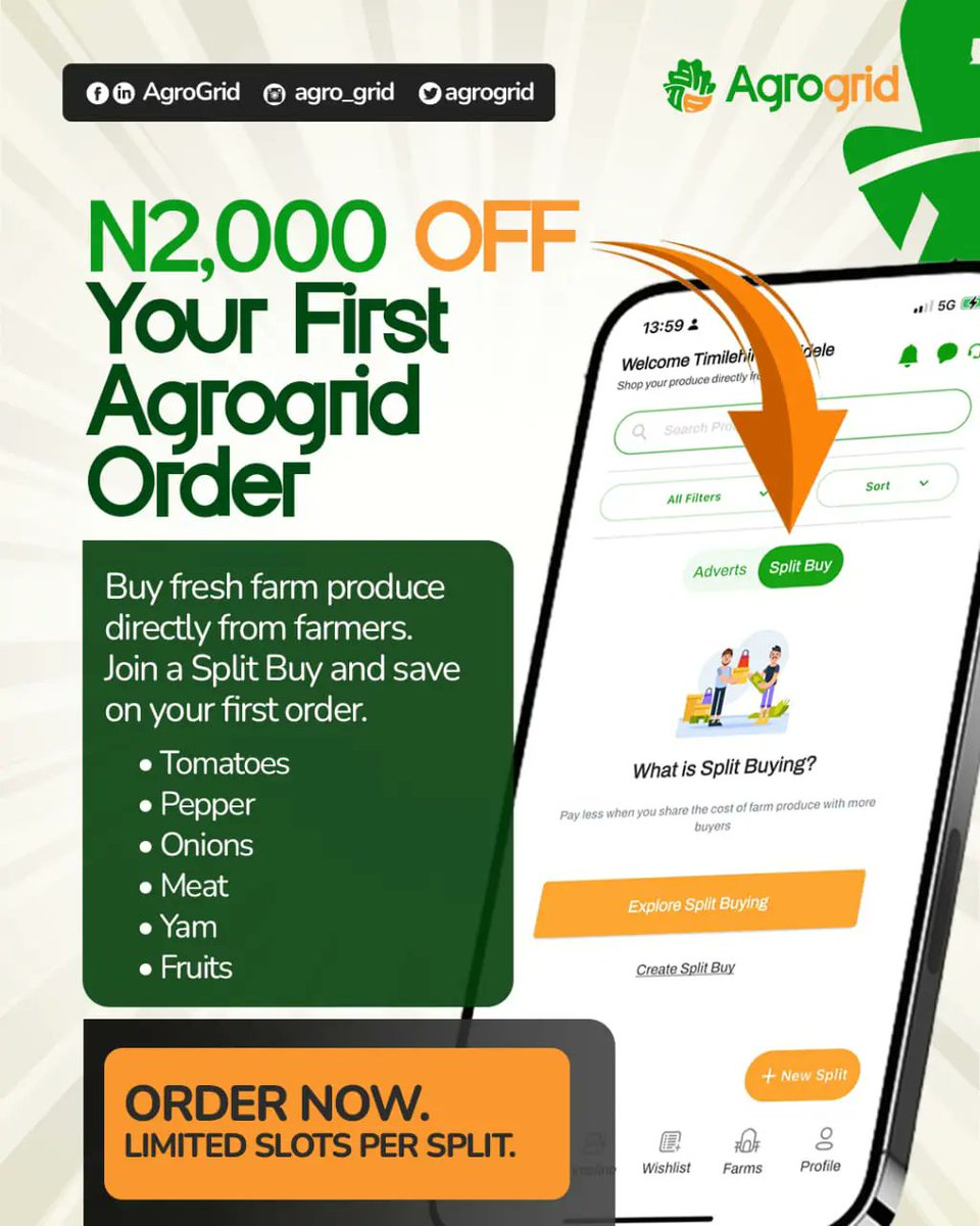 New to Agrogrid?

Did you know? You can get 2,000 off your first order from Agrogrid. 

All you need to do is place an order and you get 2,000 off your total order. You shouldn't even sleep on this 🥺

Send a DM to place an order now.

#agrogrid
#splitbuy #discount
