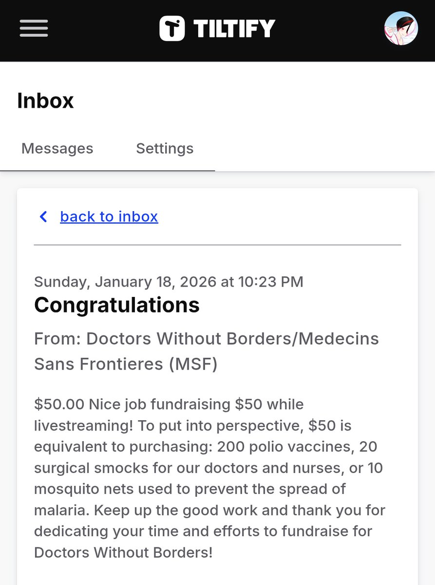 国境なき医師団からメッセージ来た！ 「貴方の配信が50ドルの寄附に繋がりました。これは、ポリオワクチン200回、医療服20着、マラリア対策の蚊帳10個に相当します。ありがとう、これからもよろしくお願いします！」  だそうです