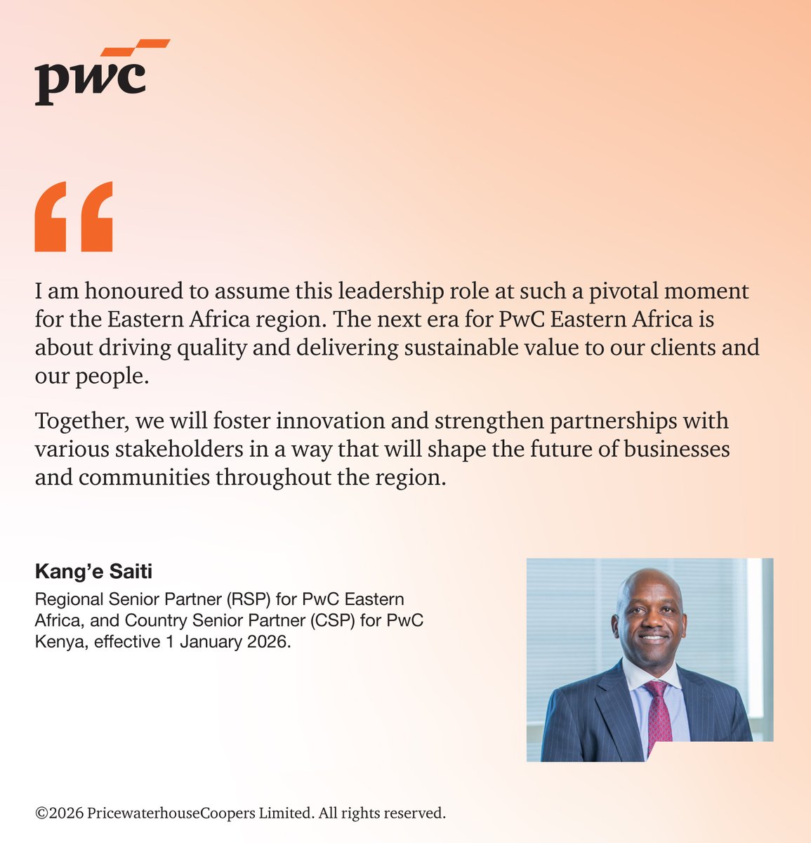 PwC_KE's tweet image. PwC is pleased to announce the appointment of Kang’e Saiti as Regional Senior Partner for PwC Eastern Africa and Country Senior Partner for PwC Kenya, effective 1 January 2026. 
Congratulations Kang’e! #Leadership #PwCProud