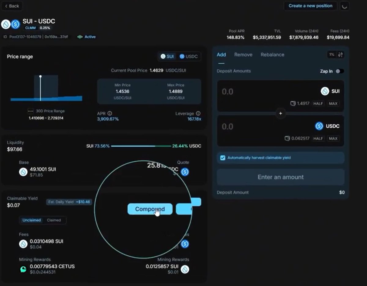 Fosky68's tweet photo. Muchos de los que me leéis estáis ya muy familiarizados con el #DeFi. Pero muchas veces automatizamos cosas cuando podemos ir mejorándolas, ya que este mercado nos va dando esas lecciones 😉

💧 Hoy os quiero enseñar tres cosas interesantes que podemos hacer en @CetusProtocol 

💧 REBALANCEO
En ocasiones nuestras LP se van de rango y dejamos de obtener rendimientos. Algunas veces conviene dejarlas un tiempo si consideramos que después de estudiar el activo vemos que puede llegar nuevamente a los rangos.

Sin embargo, otras veces necesitaremos cambiar los rangos. En #Cetus podemos conseguirlo
Simplemente colocamos el rango donde consideremos oportuno y listo.

💧 COMPOUND
Cuando vamos obteniendo rendimientos, podemos reclamarlos como siempre. Pero ahora, también tenemos la opción de usar el #compound.

Con ello simplemente se combina en la misma posición de la LP para así aumentar su tamaño.

Si tu estrategia es seguir acumulando en la pool, esta es la mejor elección.

💧 MERGE
La última función (y de las que más me gusta) es el #merge. Podemos a la hora de convertir nuestros beneficios a un sólo activo, lo cual es muy ventajoso.

Pero también tenemos algo muy bueno, y es sin duda alguna el merge para realizar los swaps. Si tu tienes varios tokens con pequeñas cantidades y deseas intercambiarlos, puedes unificarlos en un sólo swap.

Te permiten hasta 6 activos. Eliges los activos que deseas y la cantidad determinada. Cuando los tengas simplemente haces el intercambio y listo.

💧 Sé que muchos de los que estáis aquí sabréis esto, pero hay otros que no, y lo que puede parecer algo simple, la rutina a veces nos ciega para saber verdaderamente optimizar nuestro tiempo.

Espero que os haya servido y gustado 🤠
Aprovecho para mencionaros que no os olvidéis de reclamar vuestra compensación por el hackeo si fuiste uno de los perjudicados.

Un saludo y a por la semana!!