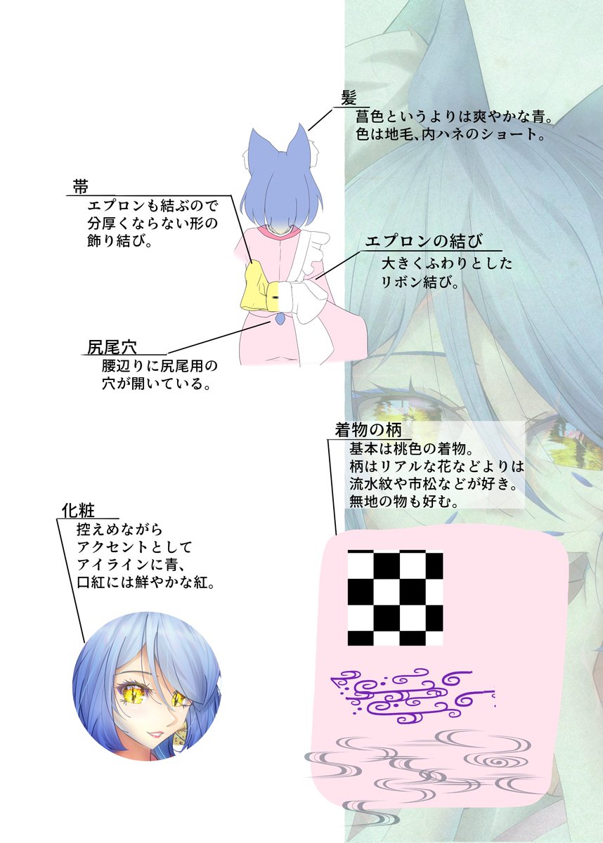 #菖画集
#originalcharacter 
うちの子菖のデザイン図です
和メイドにゃん娘! 