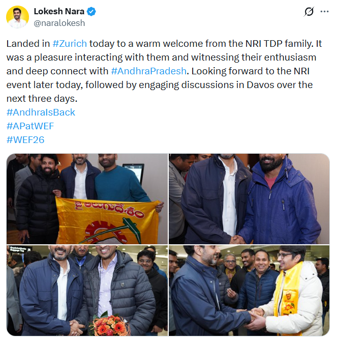 PTI_News's tweet image. Andhra Pradesh Minister, Lokesh Nara (@naralokesh) posts, "Landed in #Zurich today to a warm welcome from the NRI TDP family. It was a pleasure interacting with them and witnessing their enthusiasm and deep connect with #AndhraPradesh. Looking forward to the NRI event later