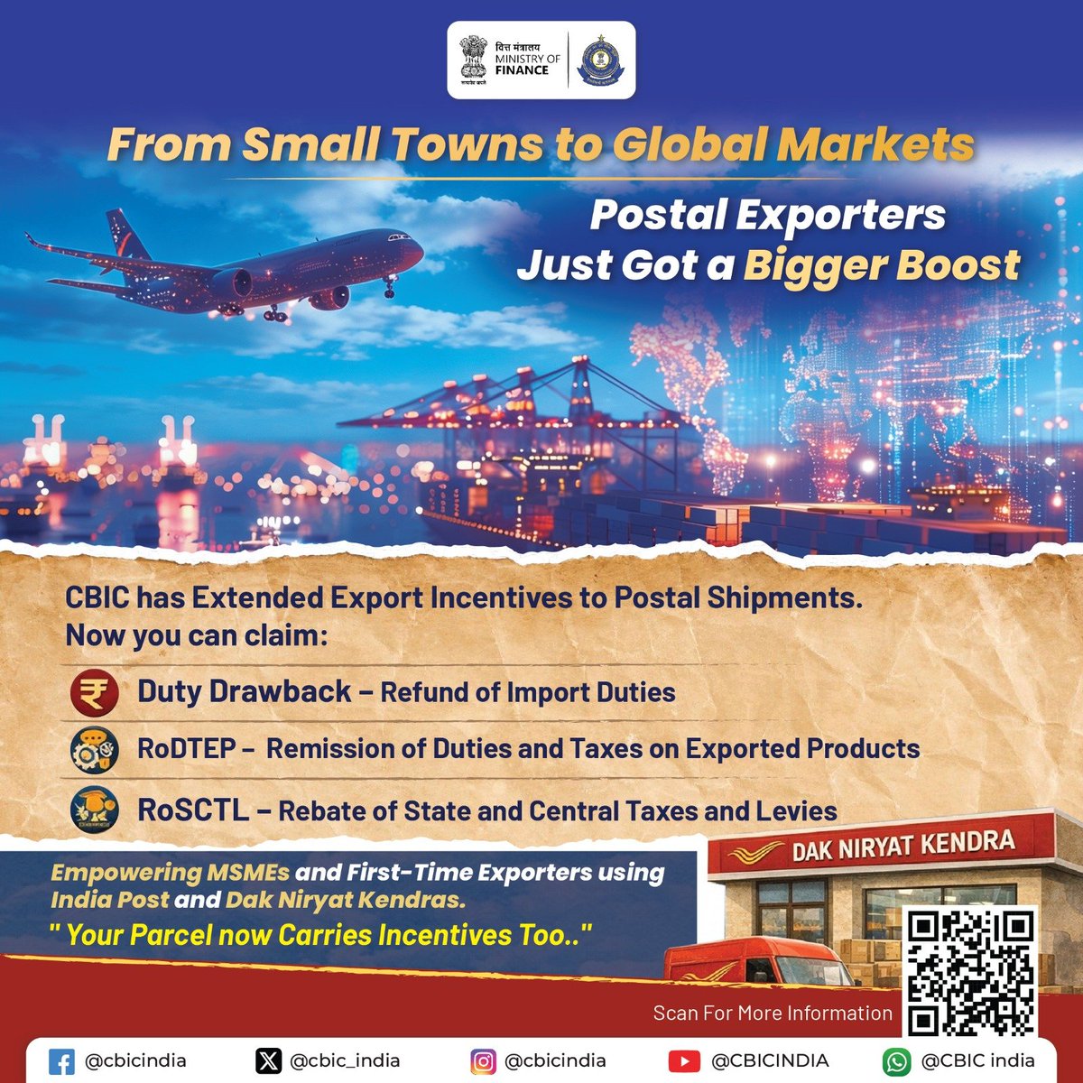 cbic_india's tweet photo. CBIC, extends Export Incentives to Postal Shipments! https://t.co/Y1Vdwki4hy
