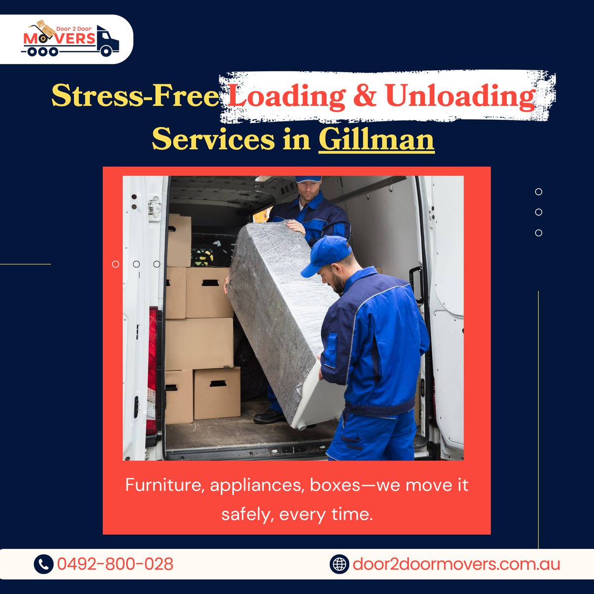 d2dremovalists's tweet photo. #Movingheavyfurniture or #packedboxes? Let the professionals handle it 💪
At #Door2DoorMovers, we provide safe, reliable, and hassle-free #loadingandunloading services in Gillman—so you don’t have to lift a finger.

📞 Call now: 0492 800 028
🌐 Visit: https://t.co/Rddr5TpXPz https://t.co/BxjkP030j7