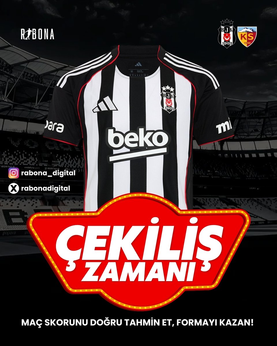 rabonadigital's tweet photo. 🎁Beşiktaş – Kayserispor maçının skorunu doğru
tahmin eden 2 talihli, yeni sezon Beşiktaş
forması kazanacak!

📌Katılım şartları çok basit: 

✅Rabona Digital Instagram ve X hesaplarını takip et
✅Bu gönderiyi beğen ve RT yap
✅Skor tahminini yorumlara yaz

📺Çekiliş sonuçları 21 Ocak Çarşamba günü videolu olarak açıklanacaktır.
