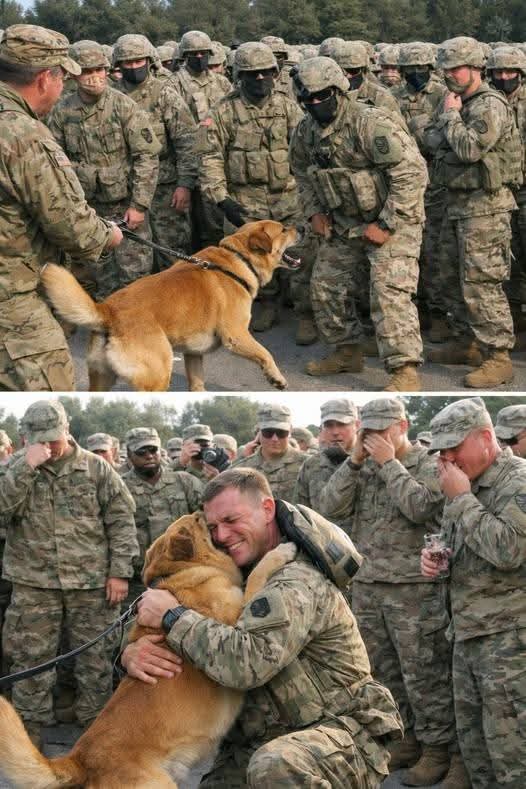 “He didn’t see his face — but the dog knew.”

A military dog identifies his owner in a way no human ever could.

The air feels heavy.

Sunlight reflects off helmets.

No one speaks.

Every movement is controlled.

The dog presses himself against one soldier now.

Whining softly.