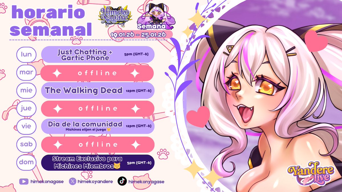 💛🐈✨𝓗𝓲𝓶𝓮𝓴𝓸 𝓝𝓪𝓰𝓪𝓼𝓮✨🐈💛
【Horario semanal】

Semana ocupada para los michines !  
Tendremos stream  exclusivo nuevamente el fin de semana, solo para michines miembros del canal de YT 🐱✨

Clips ▶︎#HimekoClip
Memes▶︎#Himemes
Arte ▶︎#HimekoArt
Agencia ▶︎