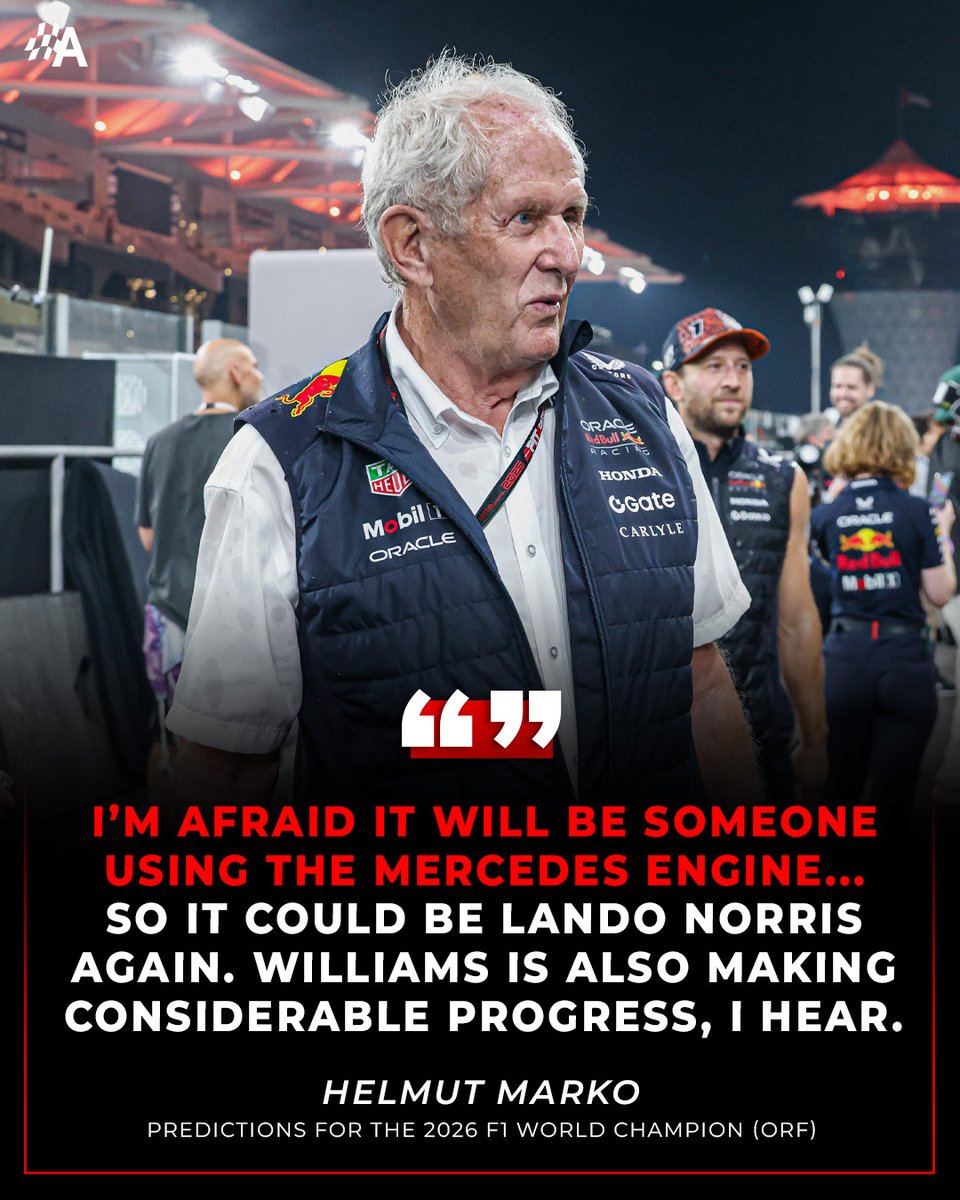 autosport's tweet image. Helmut Marko expects the 2026 F1 World Champion to come from Mercedes, McLaren, Williams or Alpine 🏆
