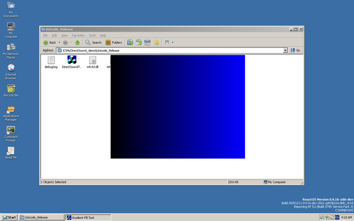reactos's tweet image. Our developer @olegdubinskij21 has just landed nice bugfixes!

Broken gradients in window captions, on real hardware with native video drivers, are now fixed in #ReactOS!!
Additionally, a gradient test program from CodeProject now correctly draws!
See the before-after shots.