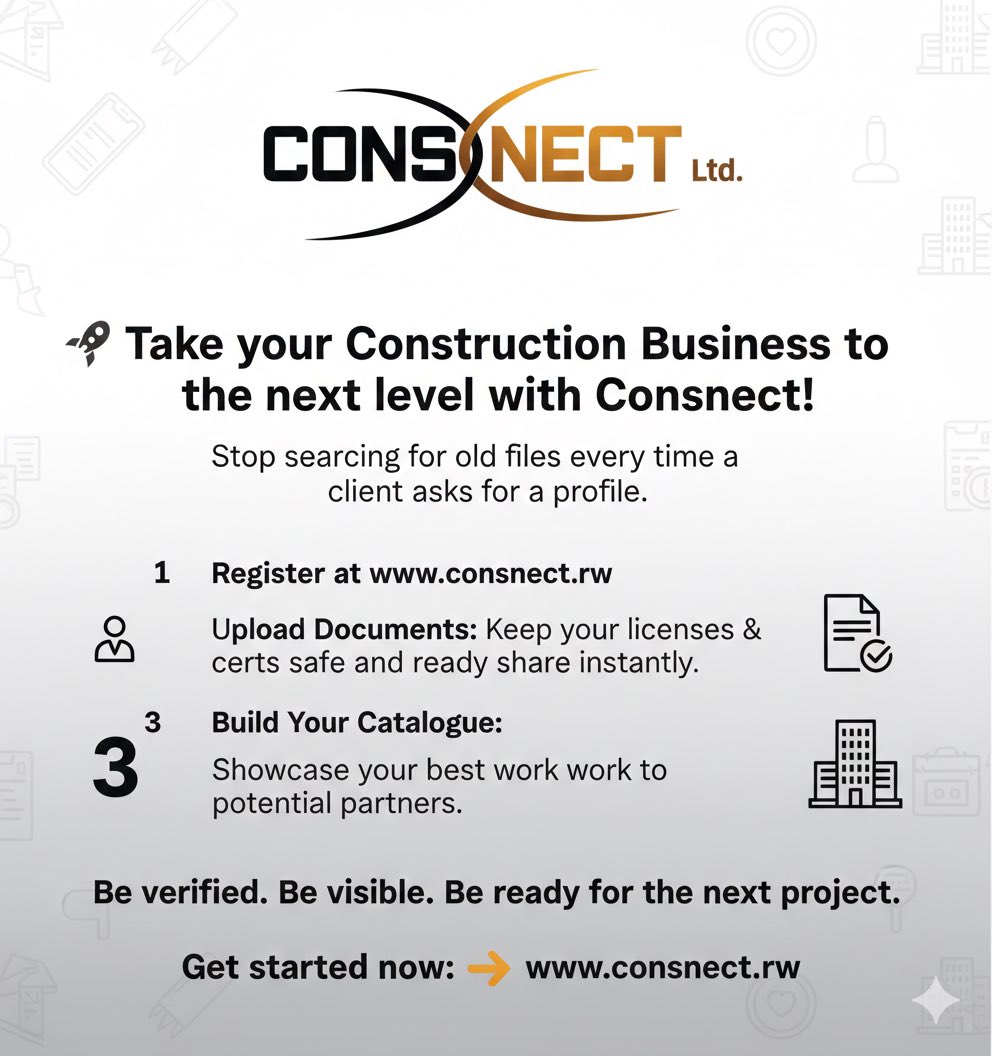 ConsbidsCom's tweet image. Stop searching for old files every time a client asks for a profile.
1️⃣ Register at consnect.rw 2️⃣ Upload Documents: Keep your licenses &amp;amp; certs safe and ready to share instantly. 3️⃣ Build Your Catalogue: Showcase your best work to potential partners
Be verified.