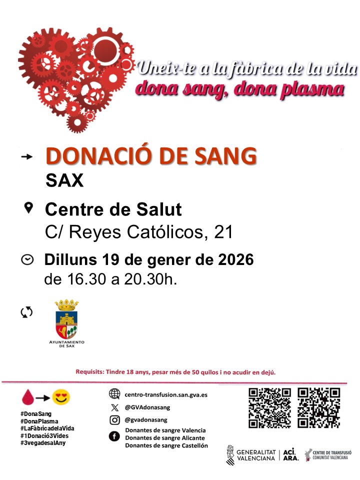 GVAdonasang's tweet image. Dona sang a #Sax
📅dilluns #19gener
Les donacions són imprescindibles per a garantir la disponibilitat de sang als hospitals.

#DonaSang #ComparteixVida ❤️