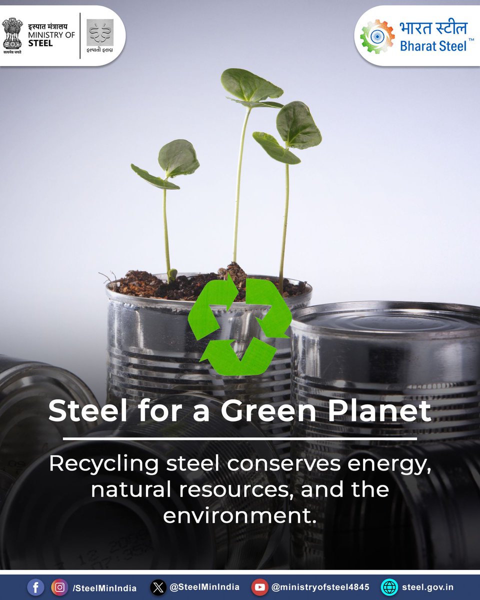 SteelMinIndia's tweet photo. Recycling steel conserves energy, protects natural resources, and supports a cleaner environment.

#SustainableSteel #CircularEconomy #RecycleSteel #SteelFacts https://t.co/pXH0tCwf1D