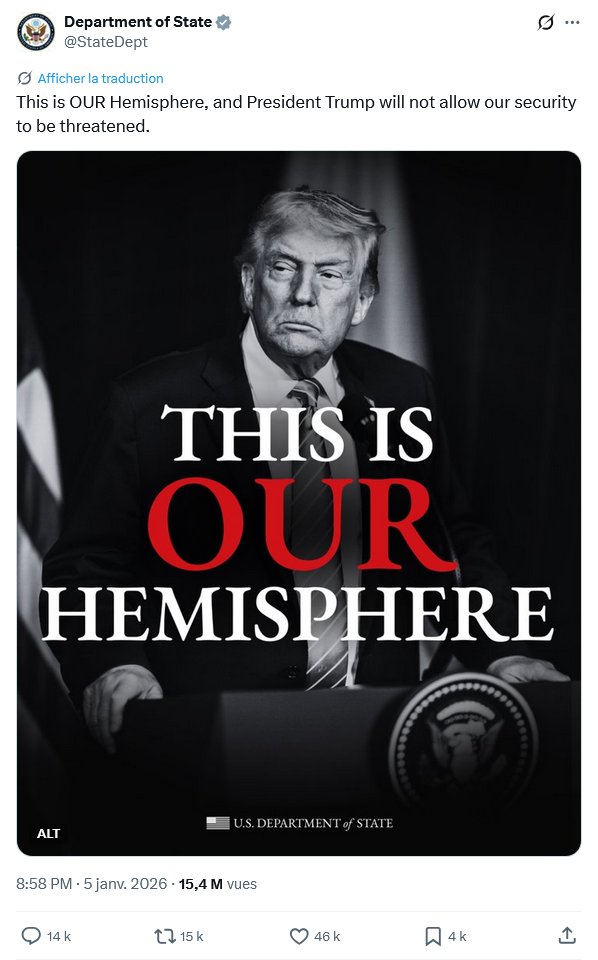 Loin d’être un simple découpage du globe, l'idée d' « l’hémisphère occidental »  constitue une construction géographique mobilisée depuis la  doctrine Monroe pour légitimer les ambitions politiques des États-Unis.  

Une mise en perspective s'imposait :
visionscarto.net/notre-hemisphe…