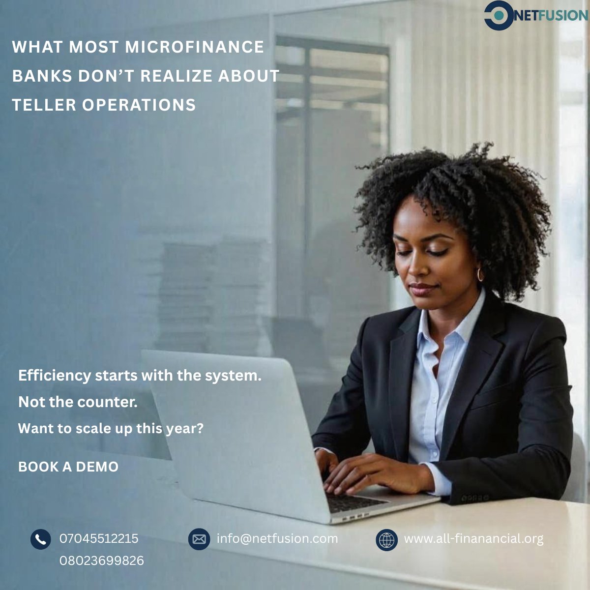 netfusionltd's tweet image. What most MFBs don’t realize about teller operations:

The bottleneck isn’t the teller.
It’s the system.

🔁 Rethink operations before replacing people

DM for a Demo

#MondayMotivation #AFCON2025 #Microfinancebank #Netfusuion #Corebanking #Fintech