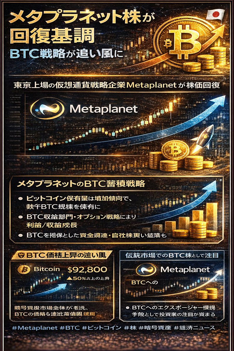 📈 メタプラネット株が回復基調 BTC戦略が追い風に 🇯🇵 東京上場の仮想通貨戦略企業 #Metaplanet が株価の回復/上昇傾向を示し、投資家の注目を集めています！  同社は積極的な #ビットコイン蓄積戦略 を展開しており、企業価値の基盤として #BTC を重視する動きが評価 ...