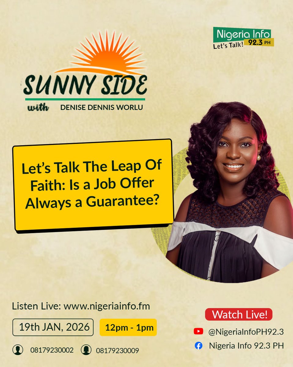 NigeriaInfoPH's tweet image. On today's #sunnyside with @_denise_dennis 

Let's talk about the leap of faith: Is a job offer always a guarantee?

📌If you got a signed offer from your dream company, would you resign immediately or wait until your first day?

Join the conversation&amp;gt;&amp;gt;&amp;gt;

📲08179230002

#Letstalk