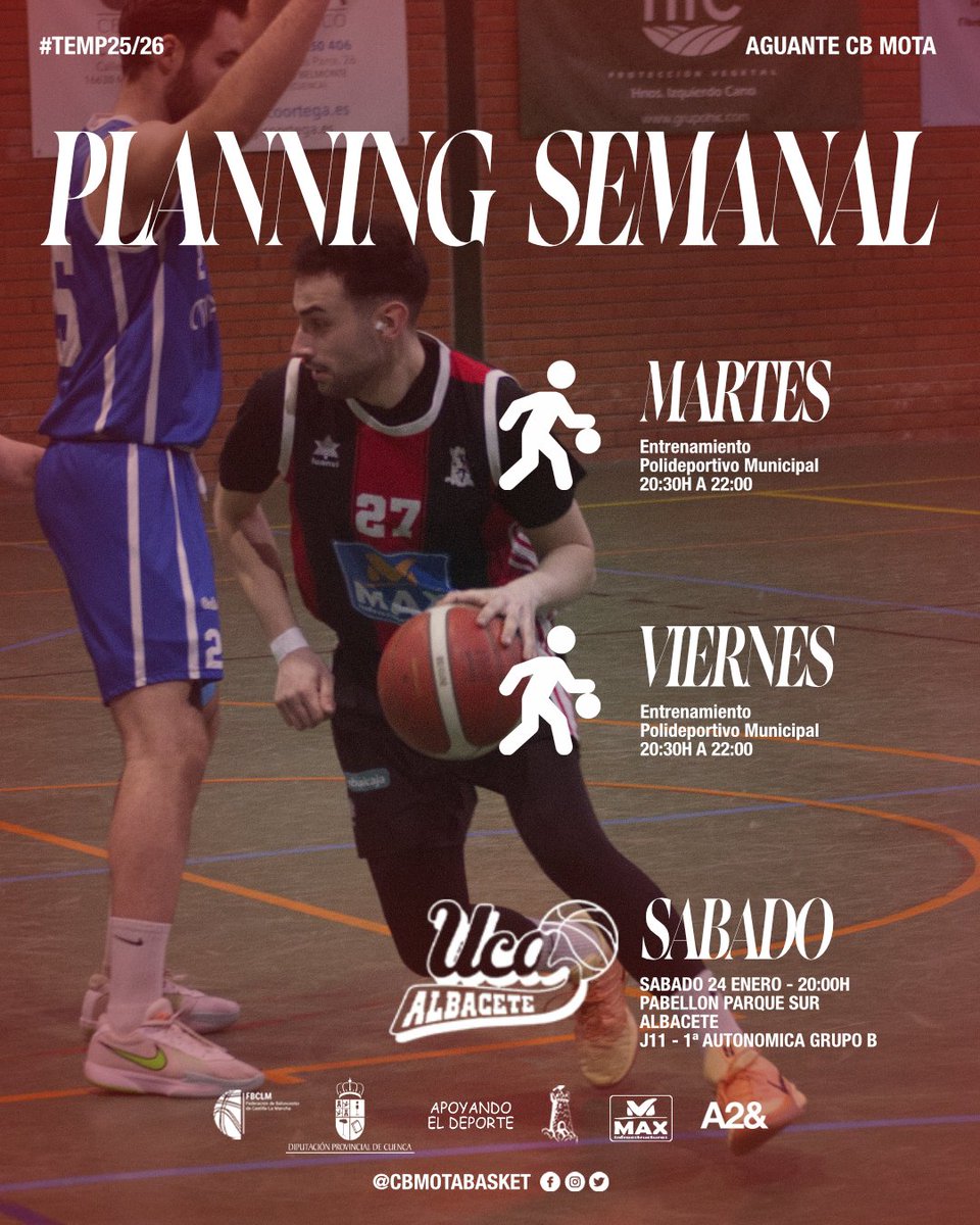 🗓️ PLANNING SEMANAL DE ENTRENAMIENTOS

🏀 20 Enero | 20:30H a 22:00H

🏀 23 Enero | 20:30H a 22:00H

🏀 24 Enero | 20:00H
🏆 J11 - 1ª AUTONOMICA GRUPO SUR
🆚 @cb_uca 

#cbmota #baloncesto #fbclm

@fb_clm @dipucuenca @comunicacion_mota