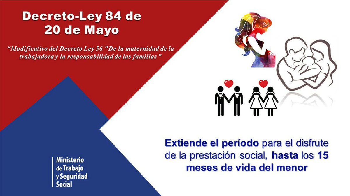 📢ATENCION #MtssCuba informa
Decreto Ley 84/2024, un nuevo beneficio de la maternidad para la mujer trabajadora que extiende el período para el disfrute de la prestación social hasta los 15 meses de vida del menor. 
Gaceta Oficial Extraordinaria 36.