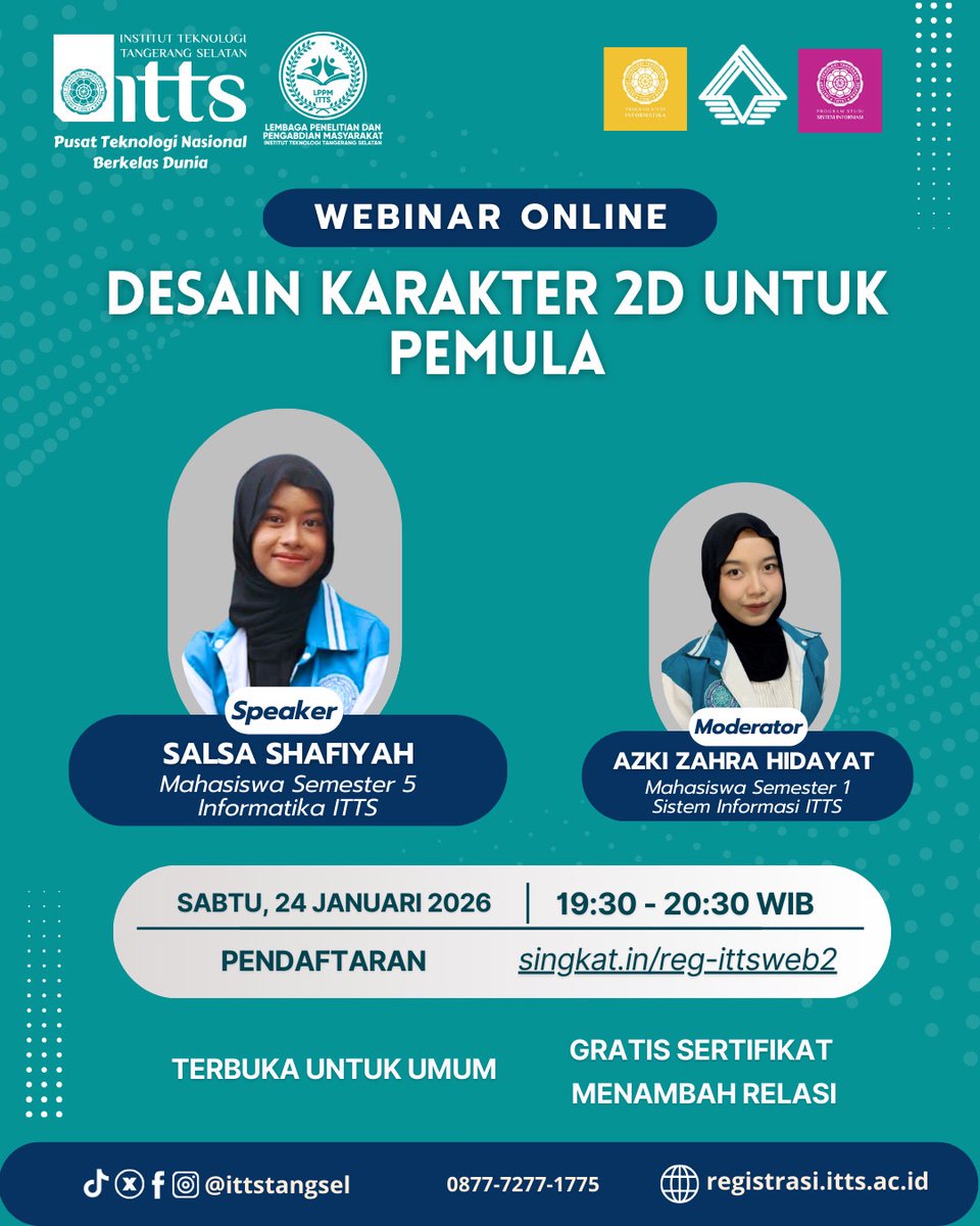 Desain Karakter 2D untuk Pemula!

👩‍🎨 Speaker: Salsa Shafiyah
🎤 Moderator: Azki Zahra Hidayat

🗓 Sabtu, 24 Januari 2026
⏰ 19.30 – 20.30 WIB
📍 Online

📌 Daftar sekarang:
🔗 singkat.in/reg-ittsweb2

 <a href="/onnowpurbo/">Onno W. Purbo</a> <a href="/ittstangsel/">ittstangsel</a> 

#WebinarITTS #DesainKarakter2D #PMB2026