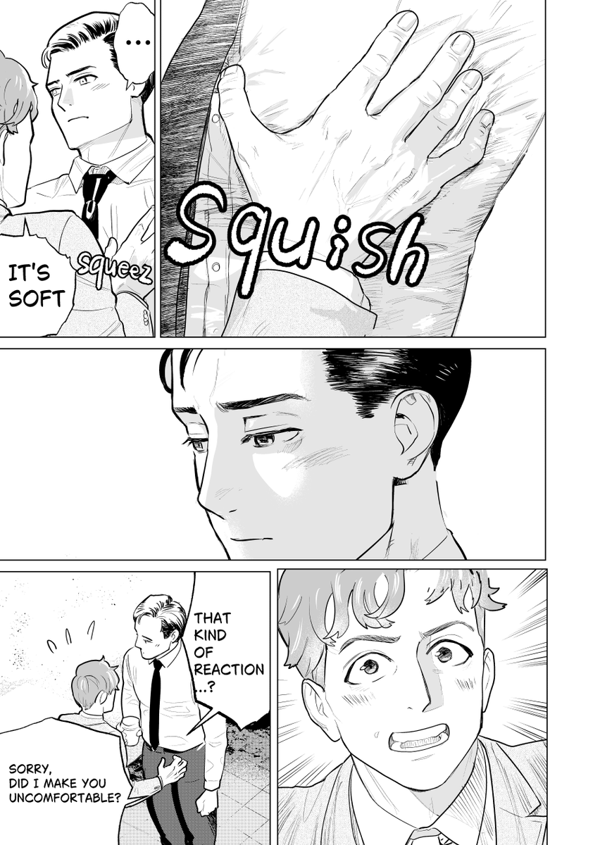 A cosy "salaryman BL" featuring a middle-aged office worker and his younger, muscular colleague.
Quiet lunches, awkward flirting, accidental skinship