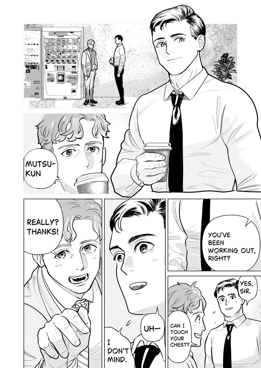 A cosy "salaryman BL" featuring a middle-aged office worker and his younger, muscular colleague.
Quiet lunches, awkward flirting, accidental skinship
