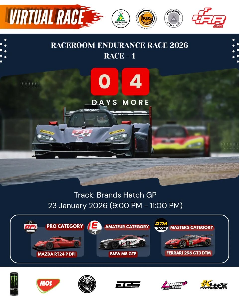 SpeedOf54724's tweet photo. 4 DAYS TO GO
Pushed to the limit.
RaceRoom Endurance Race 2026 โ Race 1
๐ท Brands Hatch GP
๐ท 23 Jan 2026 | ๐ท 9:00โ11:00 PM
One track. Multiple classes. Zero margin for error. ๐ท๐ท#RaceRoom #eracing #SimRacing #VirtualRace #iRacing #AssettoCorsa #ACC #Motorsport #Racing https://t.co/nLTBNfAZkR