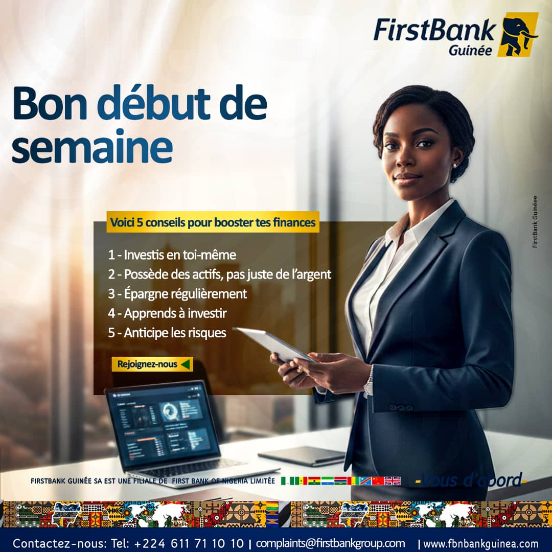 FirstBankGuinee's tweet photo. Tu veux faire évoluer tes finances en 2026 ?  

Voici 5 astuces pour Booster tes finances :

Commence à bâtir ta trajectoire financière dès aujourd’hui.  
Bon début de semaine à tous ! 

#FirstBankTips #FirstBankGuiné #Vousdabord https://t.co/5Q1k1mIH3h