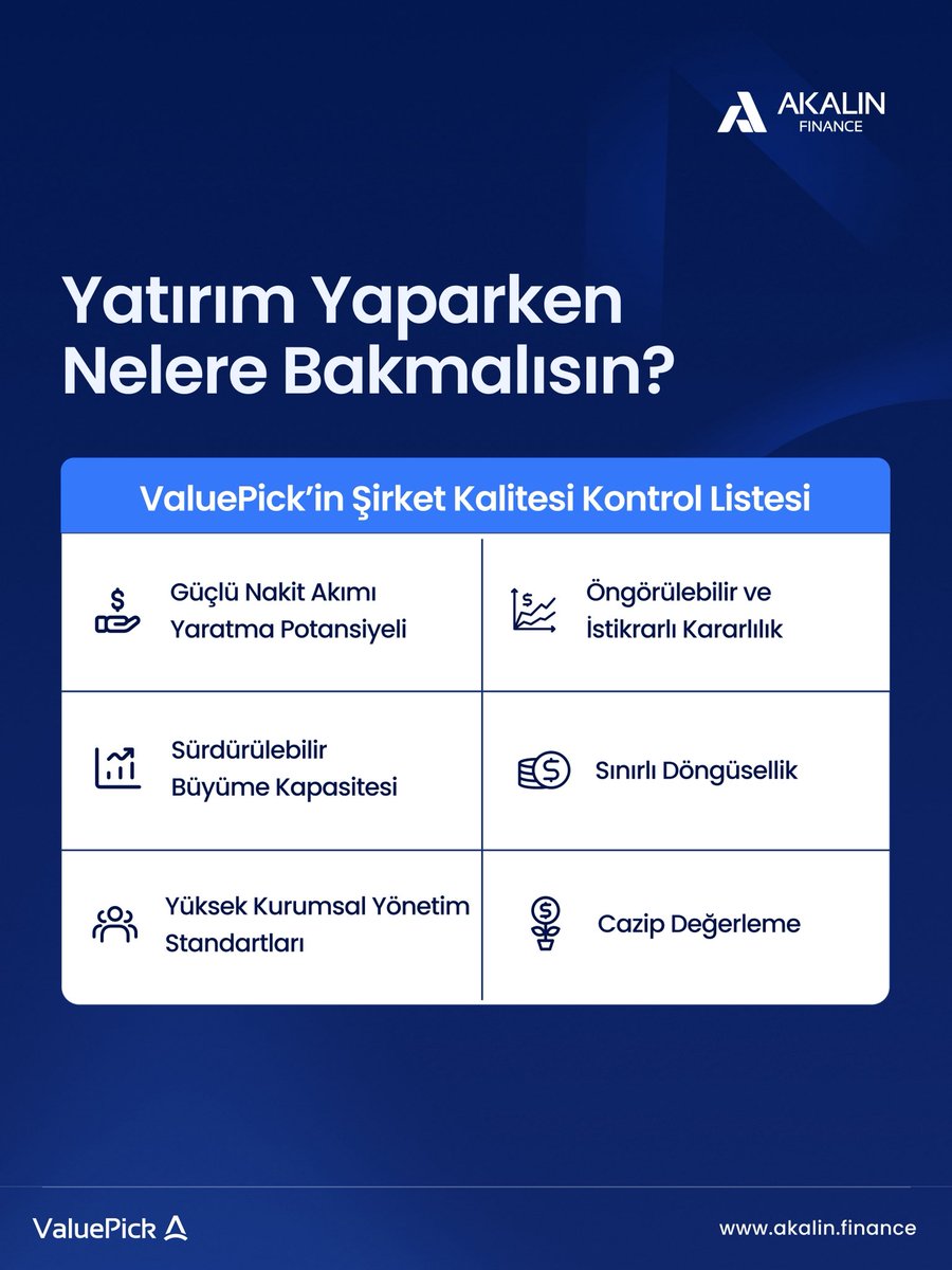 akalinfinance's tweet image. “Ucuz” görünen hisse çoktur. Kaliteli ve ucuz olan azdır.

ValuePick, şirket kalitesini bu 6 sinyalle süzer; böylece fiyat gürültüsü yerine nakit motoruna odaklanırsınız.

#AKALINFINANCE #ValuePick