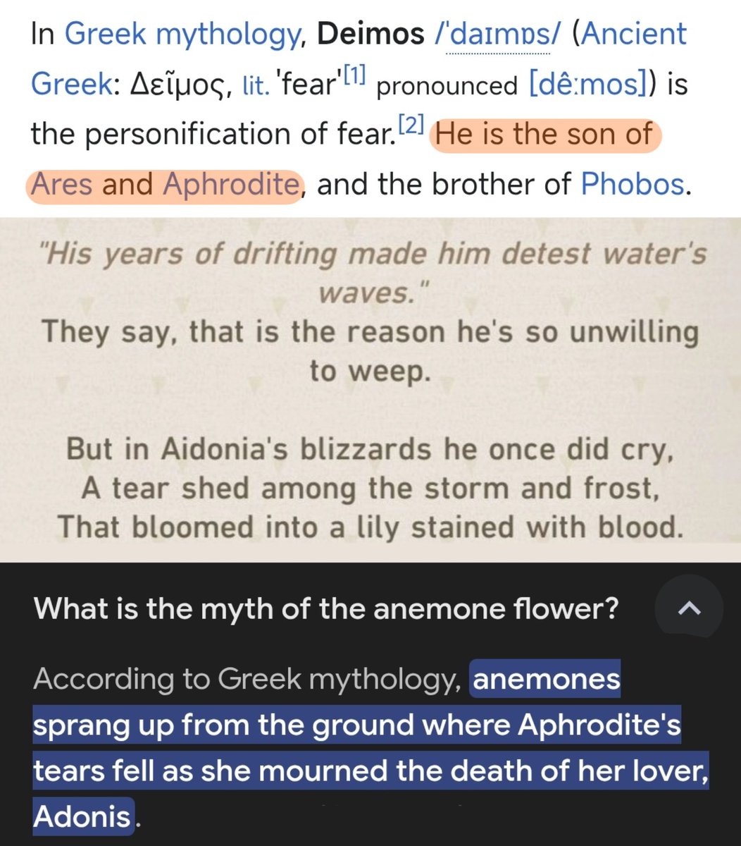 milfdeimos's tweet image. for some reason, people are now saying mydei having references to aphrodite is something phd shippers made up??? keep in mind, mydei's name, myDEIMOS, is a direct reference to aphrodite's son deimos, and his tears turning into lilies literally mirrors how hers became anemones.