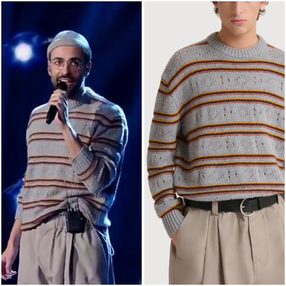 MengoniOutfit's tweet photo. Marco indossa:

-Pantaloni in canvas grigio con pieghe di Marni
-Maglia in cashmere grigio con lavorazione traforata di Marni https://t.co/ELmFuqGoed