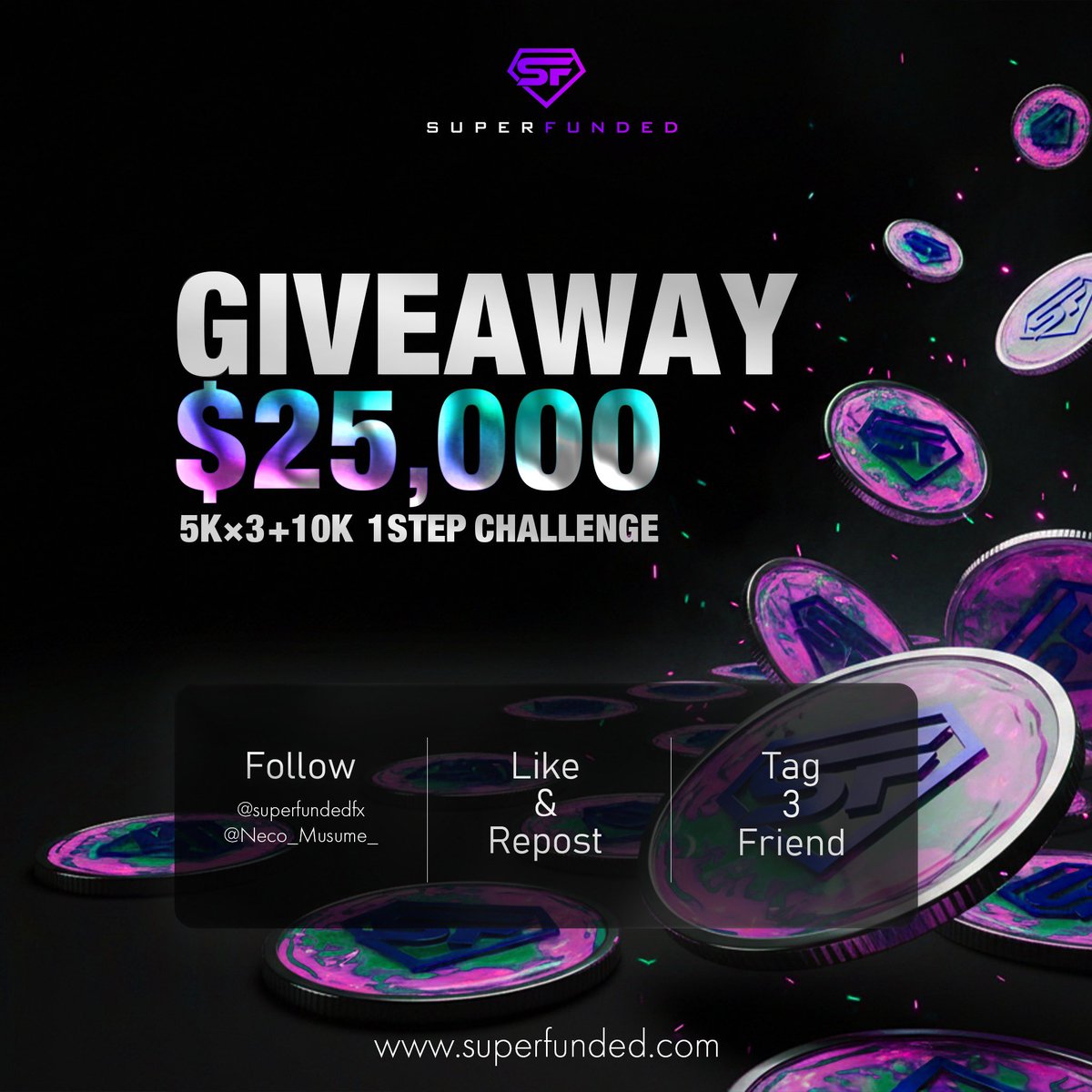 Giveaway】 ネコ娘( ΦωΦ )、初めてのGiveawayでごじゃる。 5000ドル口座×3名 10000ドル口座×1名 合計25000ドルのプレゼント企画でごじゃる。  ①@Neco_Musume_ と@superfundedfx をフォロー ②このポストをいいね＆リポスト ③3人の友人をタグ付け で完了でごじゃる。