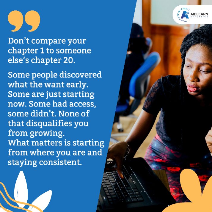 AidlearnA's tweet photo. Comparison can quietly kill your career before it even starts.

Starting late doesn’t disqualify you, not starting does. Your growth journey is yours. Begin where you are and stay consistent.

Our next cohort is your Chapter 1.
Registration ends Feb 28
https://t.co/KX1zfvA2AV https://t.co/7KjkzBVIBV