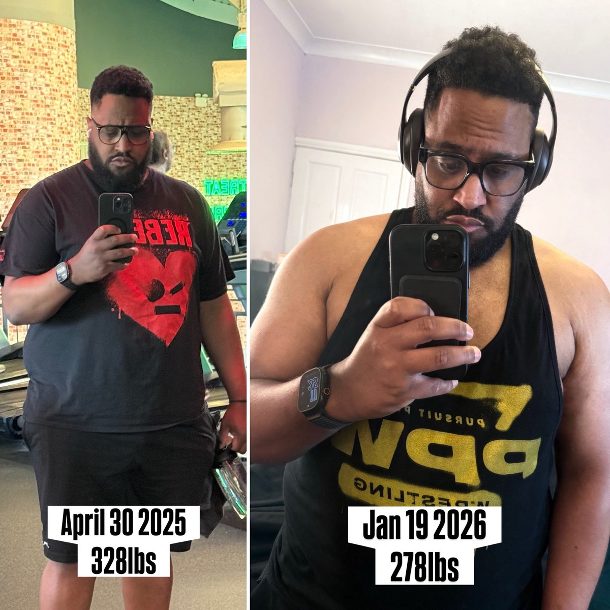 50lbs down (as of this morning). 💪🏾
378 ➡️ 278

Still a long way to go, but I’m proud of this one.
Consistency, graft, and not giving up when it got hard.
This is an achievement and a half. 🔥
Now time to get back in the ring for my first session this year🤼‍♂️