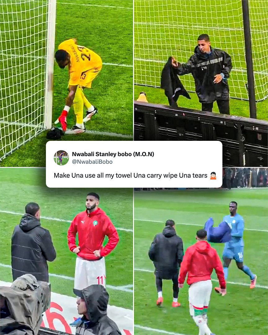 ESPNAfrica's tweet image. During Morocco vs. Nigeria, Nwabali had his towels repeatedly taken by ball boys and stewards, stopping him from drying his gloves.

Moroccan players even tried the same with Édouard Mendy, but Senegal’s players shut it down.

After the final, Nwabali had the last laugh 😅