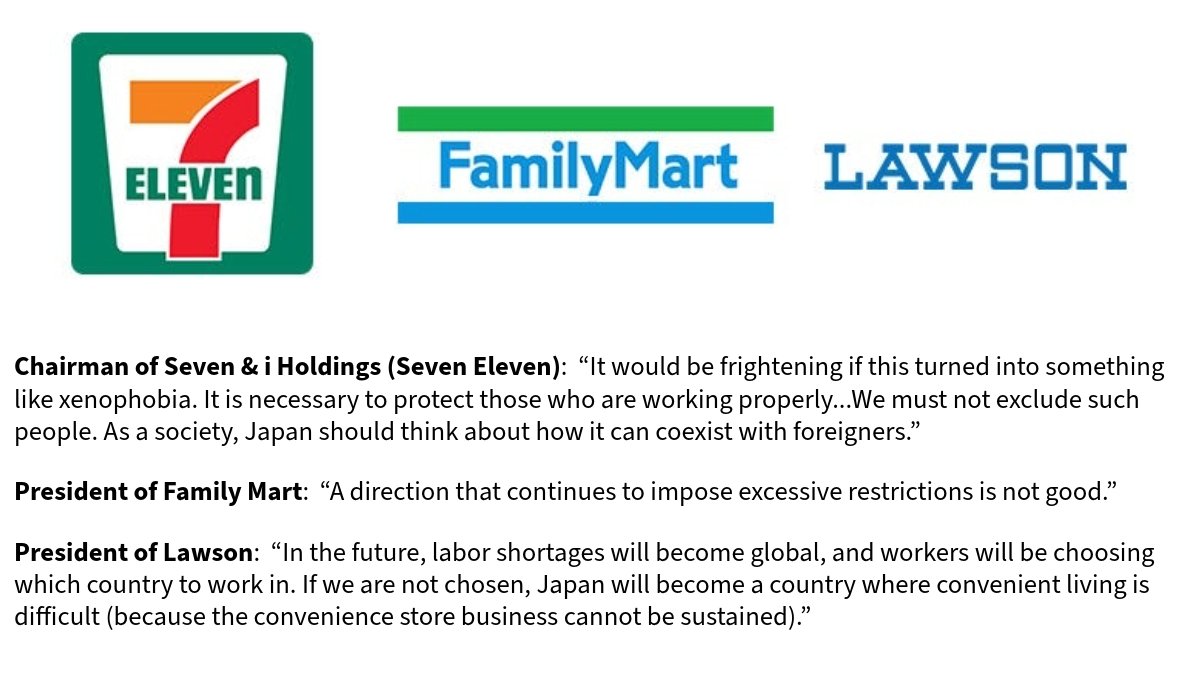 mrjeffu's tweet image. Japan's major convenience store chains are against xenophobia and excessive restrictions on foreign workers: 
In 2025, the number of foreign employees working in stores at Seven-Eleven Japan, Lawson, and Family Mart reached a combined total of 110,000 for the first time.