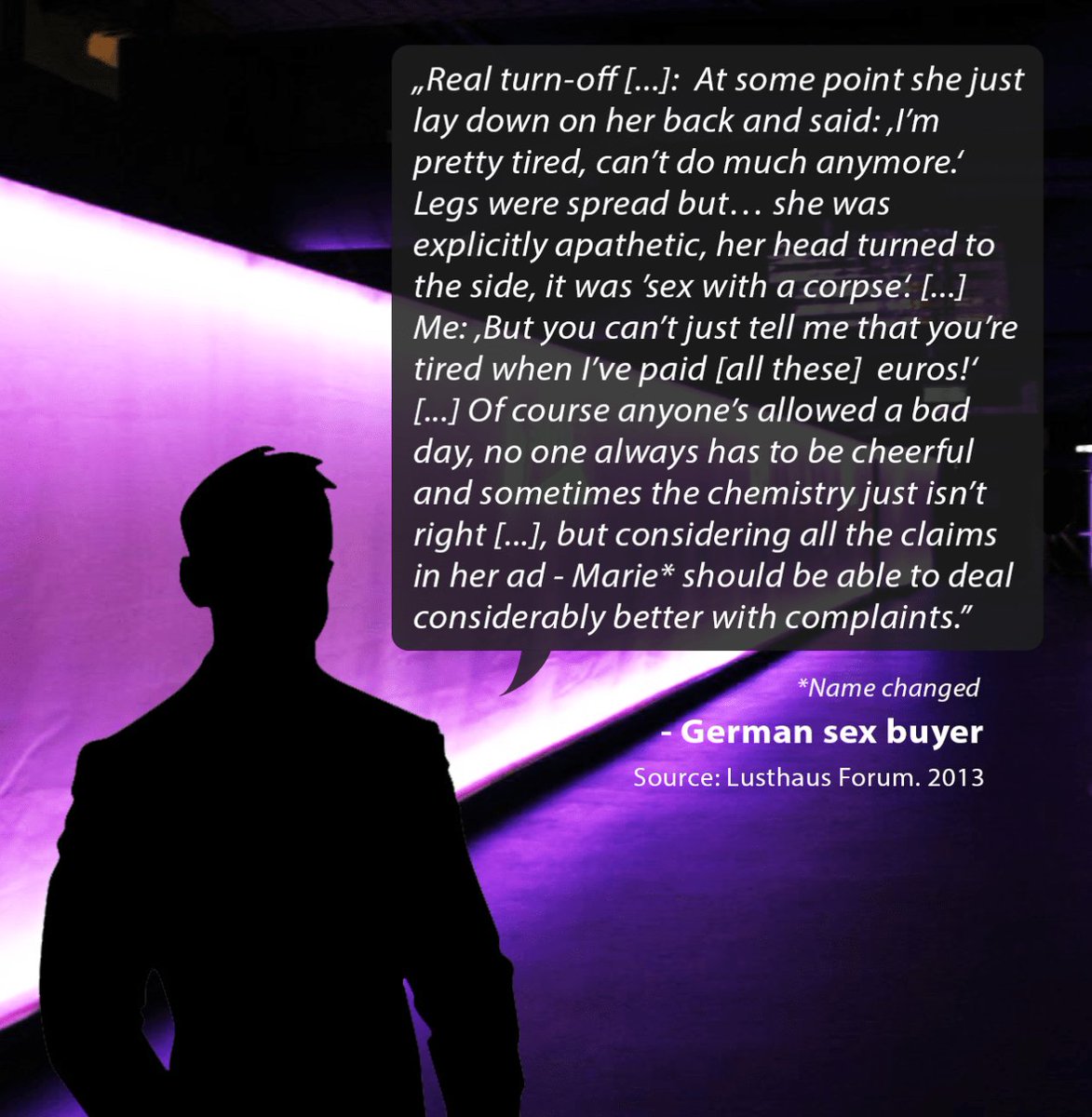 Seeing a lot of discourse around the #SNL #StrangerThings skit, esp the joke about Max lying still during sex like she's back in a coma

Whatever the intention, it landed poorly with a lot of us for good reason

Reminded me of these quotes from men using legal German brothels 🧵