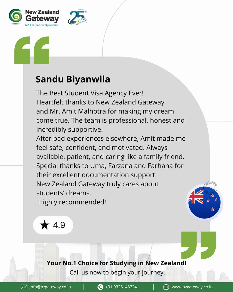 NZGateway's tweet photo. When experience meets genuine care. 🇳🇿✨

Sandu shares his gratitude for the New Zealand Gateway team for professional guidance, strong documentation support and making his study dream a reality.

#NewZealand #studyinnewzealand https://t.co/Xsz2SAZB3f
