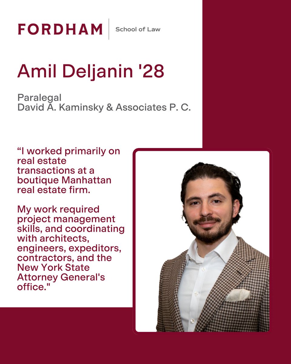 Reflecting on his Summer 2025 experience, Amil says: "I assisted with the drafting and submission of complex real estate documents, and helped clients with the purchase and sale of Co-op, Condos, multifamily houses, and mixed use properties throughout NY State." #FordhamLaw #NYC